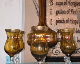 Veneziano Style Amber Glass with Gold Trim Decanter and 5 Wine Coedial Glasses