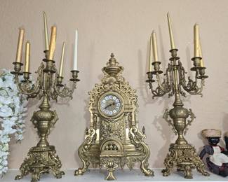 3 Piece Antique Franz Hermie Brass Mantle Clock with Pair of Candleabras. 