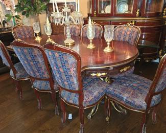Italian Dining Table with 10 Chairs with Gold Gilded Trim.