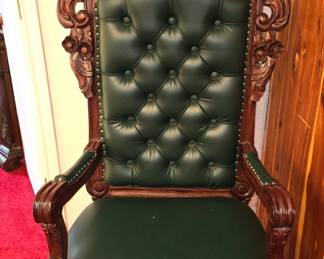 Ornate Mahogany High Back Green Leather Executive Arm Chair - We have 2! 
