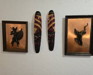 3 Copper Art Pictures - 2 Wooden Mask
