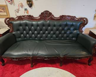 Ornate Mahogany Green Couch