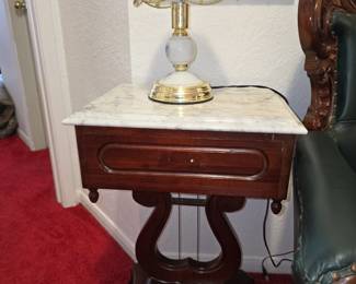 Antique Mahogany Marble Top Side Table with 1 Drawer  - Guess what we have 2! This one is missing Handle