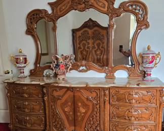 Italian Wood Marble Top 9 Drawer Dresser with Mirror