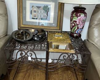 Pair of iron / glass top tables