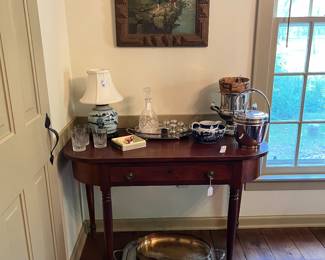 Circa 1830 Country Sheraton Cherry Side board.  Tramp Art Framed angel above. Uranium Glass