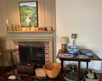 Antique Baskets, boxes, candle sticks and blue and white.