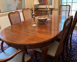 Newer Schumacher fabric upholstery on chairs. Harden Cherry table with  3 leaves