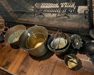 Antique small urns, large copper, brass and wrought iron handled pots
