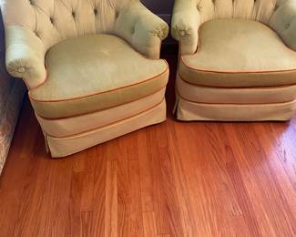 Vintage Tufted Pale Green Arm Chairs, with Red Piping