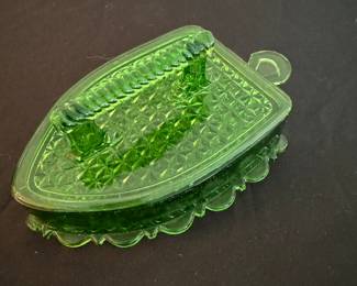 Green glass iron covered dish
