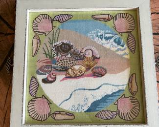 Hand needlepointed tray with sea shells