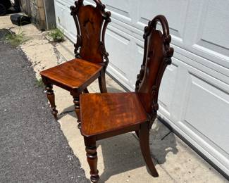 pair of Victorian Tudor Revival hall chairs