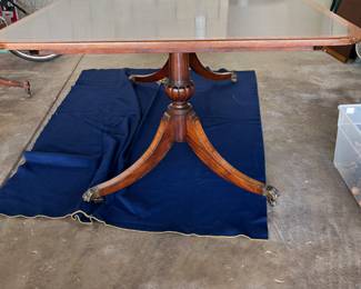 Rectangular dining table with 2 leaves, mahogany top with fruitwood marquetry border