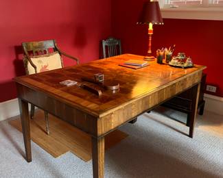 gorgeous antique desk with incredible book matched marquetry--this gal is truly stunning