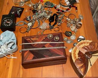 Puzzle boxes and Sterling and costume Jewelry 