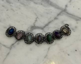 Vintage Sterling Silver Wire-Wrapped Gemstone Bracelet 8" (Rose Quartz Jade,...) $75.00