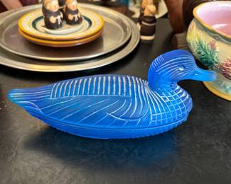 LG Wright Atterbury Duck - Blue Satin Glass Covered Duck Dish - Vintage MCM. 11 Inches. 