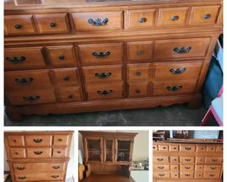 Hutch has 2 pieces. Dresser has a mirror that attaches. Headboard not pictured. 
Sell by the piece or as set. Excepting offer day of sale.
We think it's Ethan Allen 