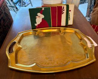 Brass Serving Tray, Needlepoint coasters and Framed Pieces.