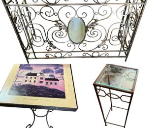 Unique Metal Glass Top Console Table  Plant Stand and Side Table with House Picture