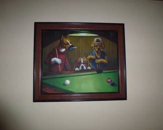 Very unique dog playing pool party picture!