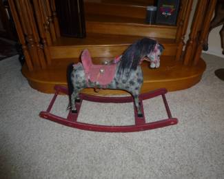 ANTIQUE LITTLE KIDS ROCKING HORSE, REAL HORSE HAIR MANE AND TAIL