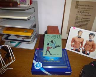 GREAT OLD VINTAGE/ANTIQUE BOOKS. NOT THE GUYS...THEY ARE STANDING GUARD!