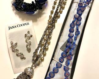 Jana Cooper Beaded Earrings, Cobalt Blue and Floral Beaded Necklace, Faux Pearl Tassel Necklace, Cobalt Blue Beaded Bracelet 