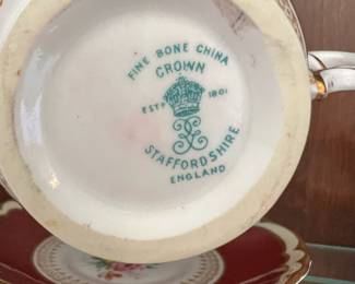 Crown Staffordshire Red, Gold & White Teacup & Saucer