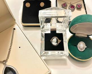 Blue Stone Teardrop Pendant Necklace, 10K Gold & Sterling Silver Shamballa Earrings, Victorian Style Cameo Ring, Fred Meyer Sterling Silver and Cushion Created Ruby with Black and White Diamond Accents Pendant Necklace with Matching Earrings