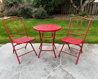 Red Wrought Iron Bistro Table and Chairs