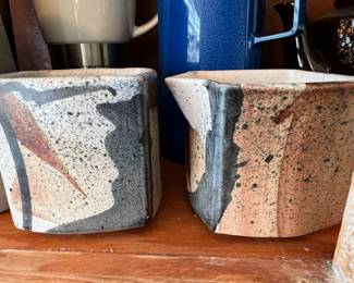 Brown, White and Black Speckled Pottery Sugar Bowl & Creamer - Signed by Artist