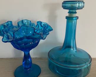 Mid Century Blue Glass Decanter, Blue Ruffled Compote Ruffled Candy Dish 