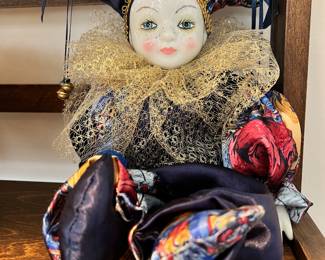 Mardi Gras Porcelain Sitting Jester Doll 