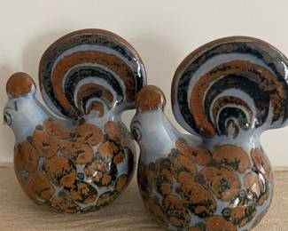 Pair of Mexican Tonala Blue/Brown Pottery Rooster Figurines