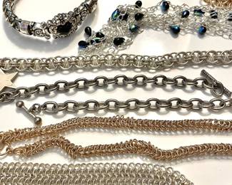 Ornate Stainless Steel Cuff with Black Stone, Assortment of Chainmail Necklaces