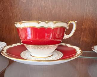 Crown Staffordshire Red, Gold & White Teacup & Saucer