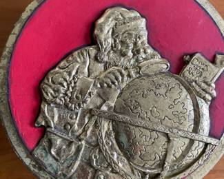 Round Red Gift/Ornament Box with Gilded Santa