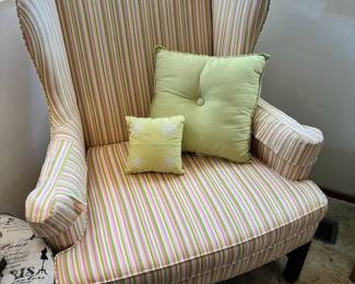 Woodmark Originals Green, White, Pink & White Striped Upholstered Wingback Chair