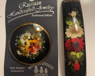 Russian Hand Crafted Folk Art Brooch & Barrette