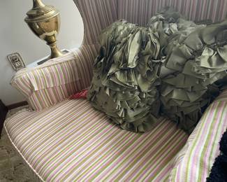 Woodmark Originals Green, White, Pink & White Striped Upholstered Wingback Chair, Pair of Green Satin Ruffle Throw Pillows