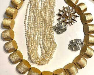 Gold Tone Chunky Cylinder Bracelet, Assortment of Brooches, Multi Strand Freshwater Pearl Bracelet