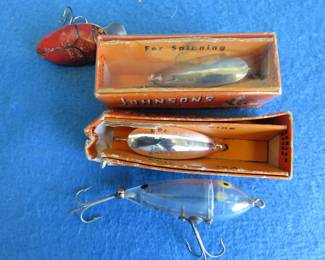 Lot 412. Two 2" Johnson's Silver Minnows, Millsita 1 3/4" Rattlebug, Hedden 2 1/4" Baby Zara