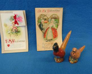 Lot 29. Rosemead salt and pepper set and two old Valentines