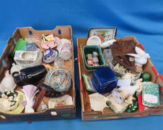 Lot 130. Collectibles including 3 carved Hummel like statues, spoon rest and more