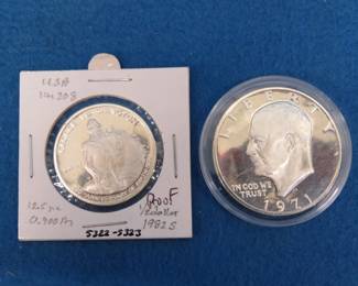 Lot 53. 1971 S Proof Eisenhower silver dollar and a 1982 S Proof Washington Commemorative Half Dollar