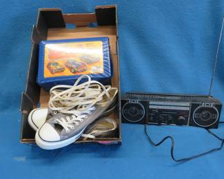Lot 221. Size 10 Converse tennis shoes, Mini die-cast car carrying case, Stereo Sound System