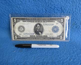 Lot 390. $5.00 1914 Horse blanket bill with blue seal