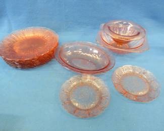 Lot 428. Twelve pieces of pink Depression glass including five pieces of Cherry Blossom